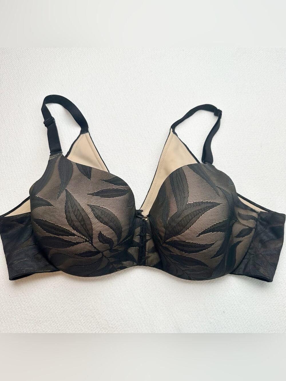 Cacique Lightly Lined Balconette Bra black Leaf Pattern Plus Size 42C Feminine